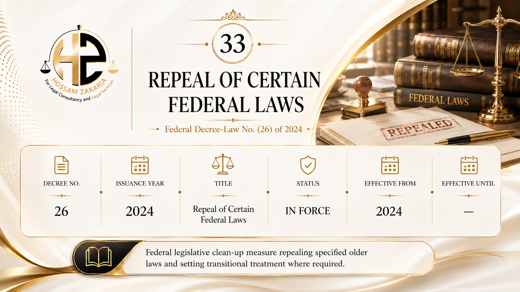 Editorial cover for Federal Decree-Law No. (26) of 2024 — Repeal of Certain Federal Laws