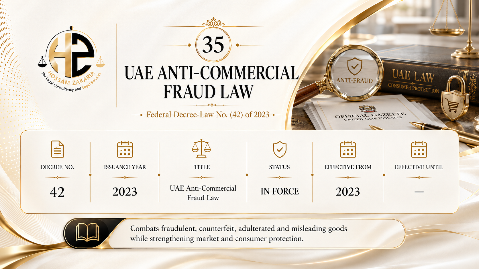 Editorial cover for Federal Law by Decree No. (42) of 2023 — UAE Anti-Commercial Fraud Law