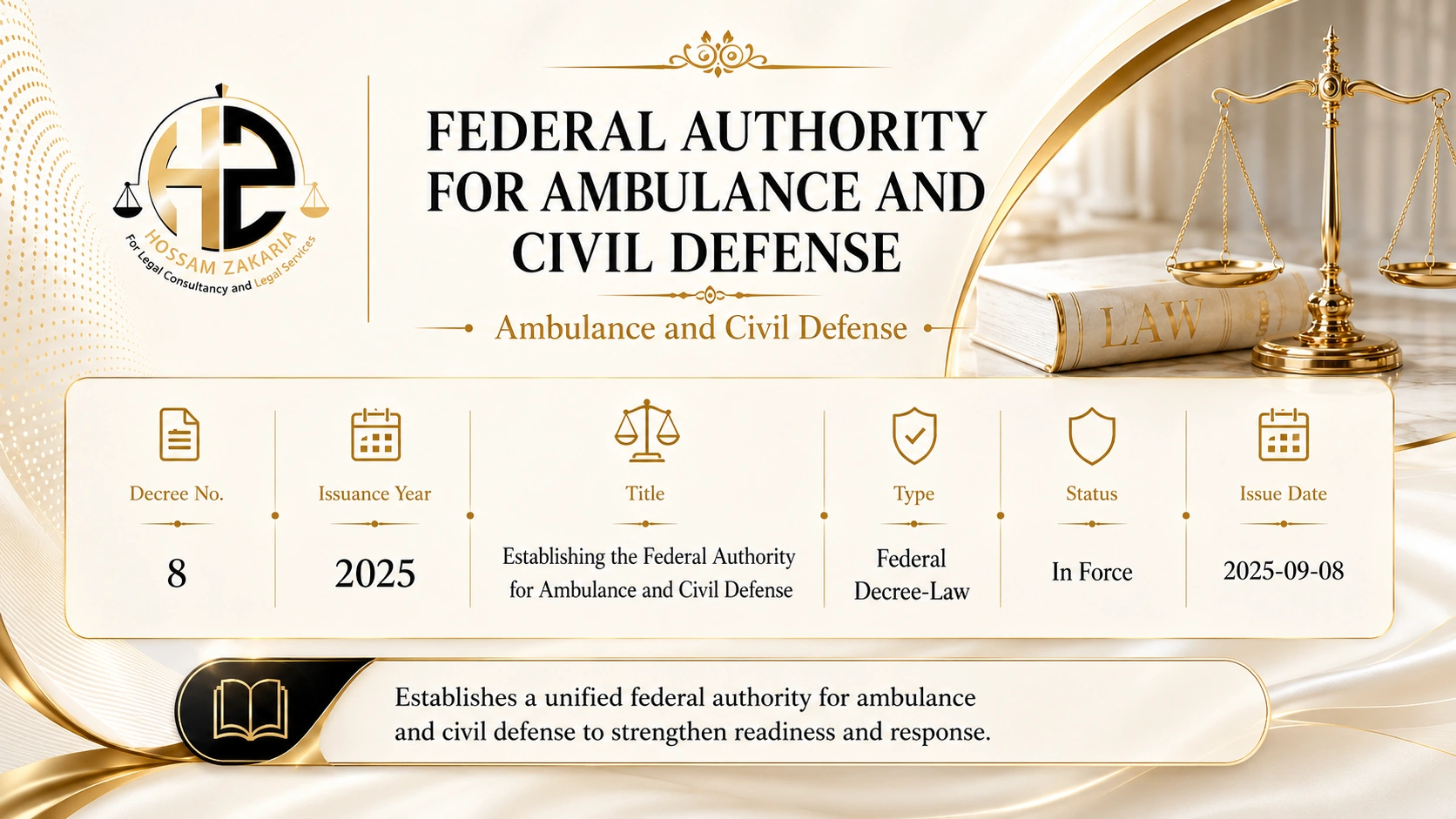 Editorial cover for Federal Decree by Law No. (8) of 2025: Federal Authority for Ambulance and Civil Defense Law