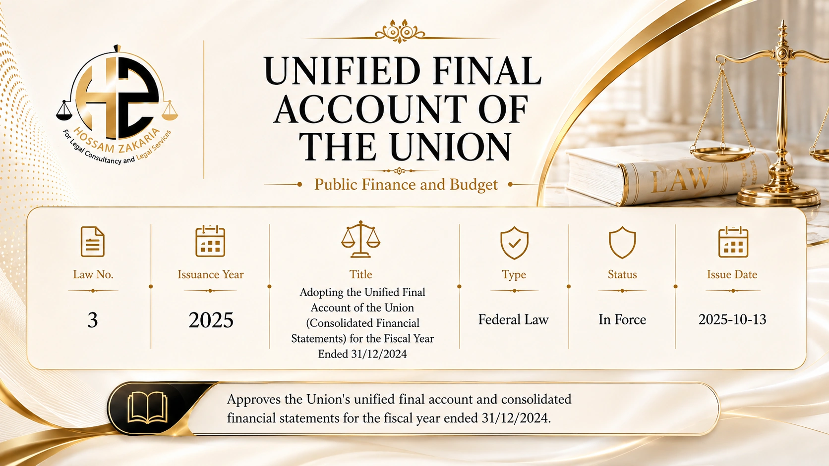 Editorial cover for Federal Law No. (3) of 2025: UAE Unified Final Account 2024 Law