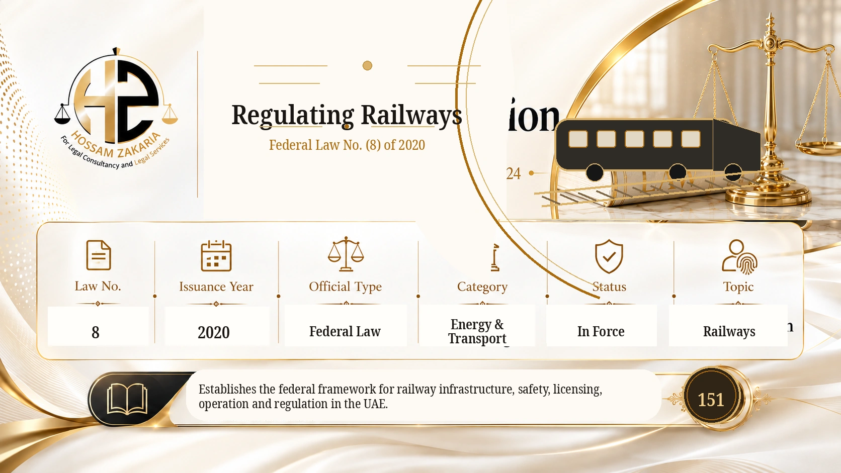 Editorial cover for Federal Law No. (8) of 2020 — Regulating Railways