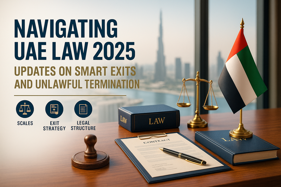 Illustration showing UAE business professionals reviewing legal documents for compliant terminations.