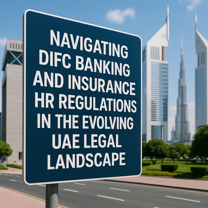 Modern DIFC office buildings and Emirati professionals in formal attire, symbolizing banking and insurance HR compliance.