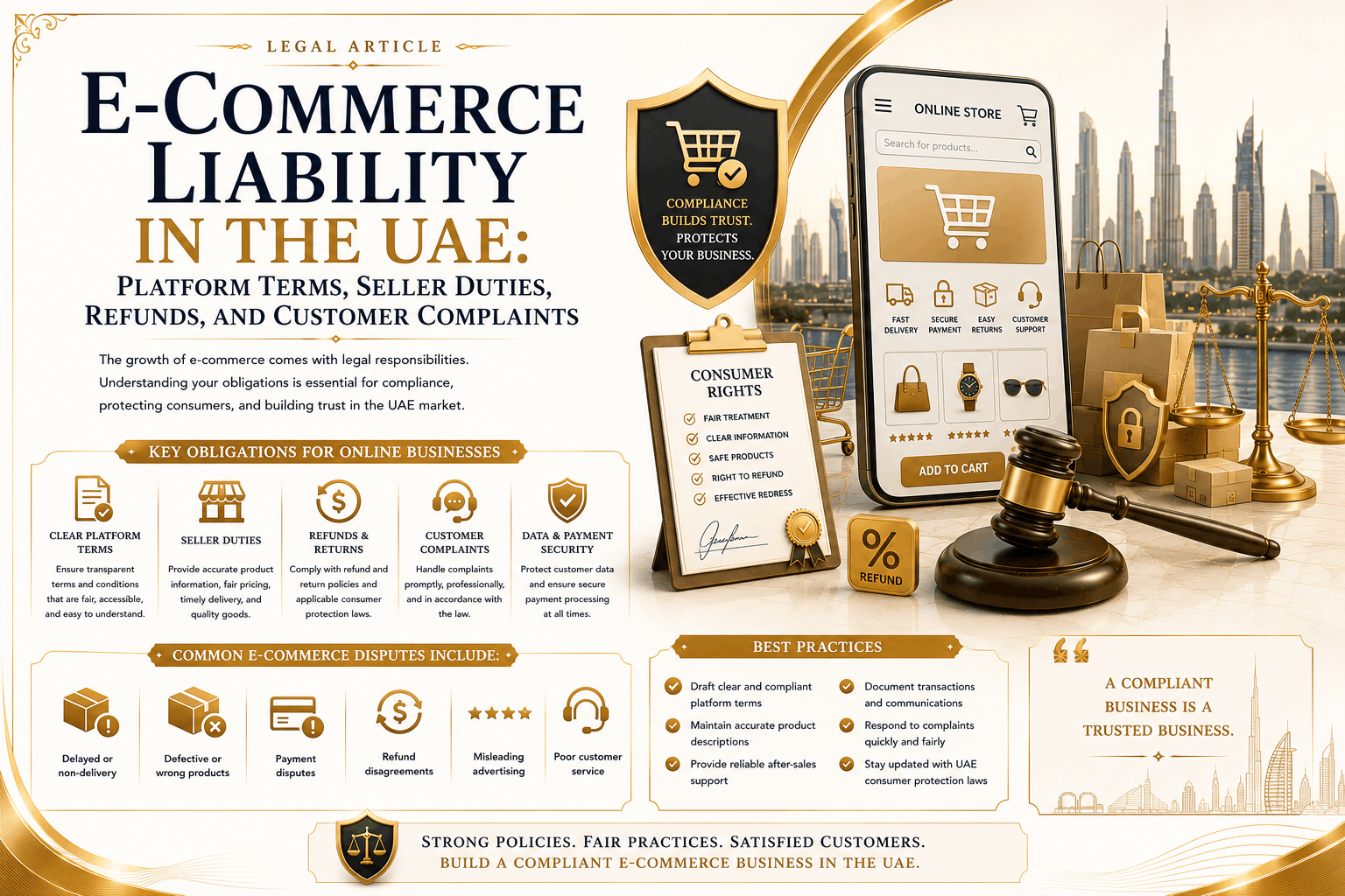 E-commerce liability in the UAE involving platform terms, seller duties, refund policies, defective products, payment disputes, delivery failures, marketplace responsibility, and customer data handling