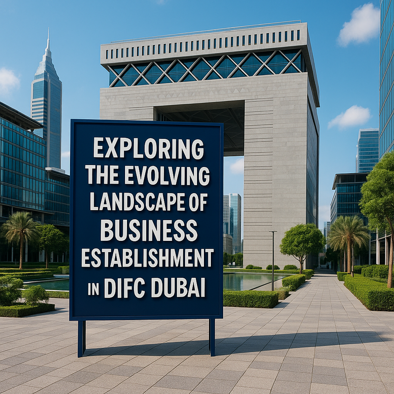 Skyline of DIFC Dubai with business professionals discussing legal documents.