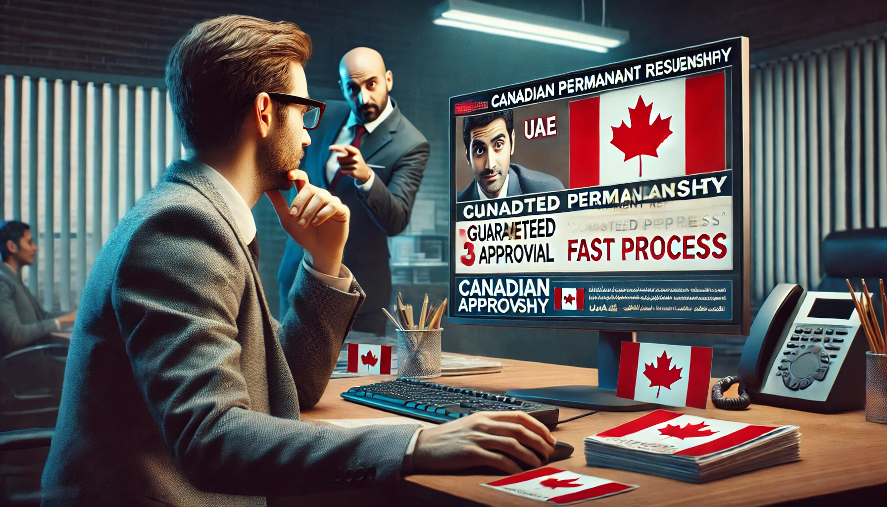 Beware of Unrealistic Canadian Permanent Residency Offers Professional office setting in the UAE with a person reviewing a suspicious Canadian residency offer on screen.