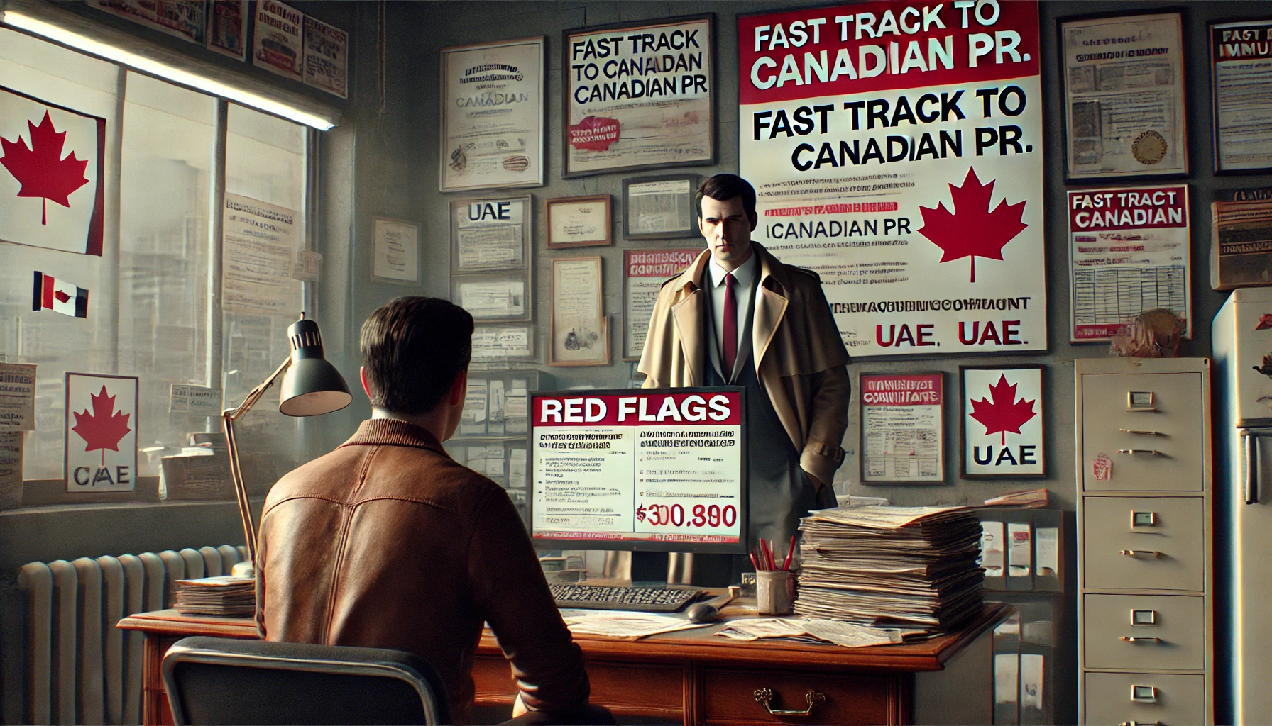 Spotting Fake Immigration Consultants in the UAE A skeptical individual meets with an immigration consultant offering questionable Canadian PR promises in the UAE.
