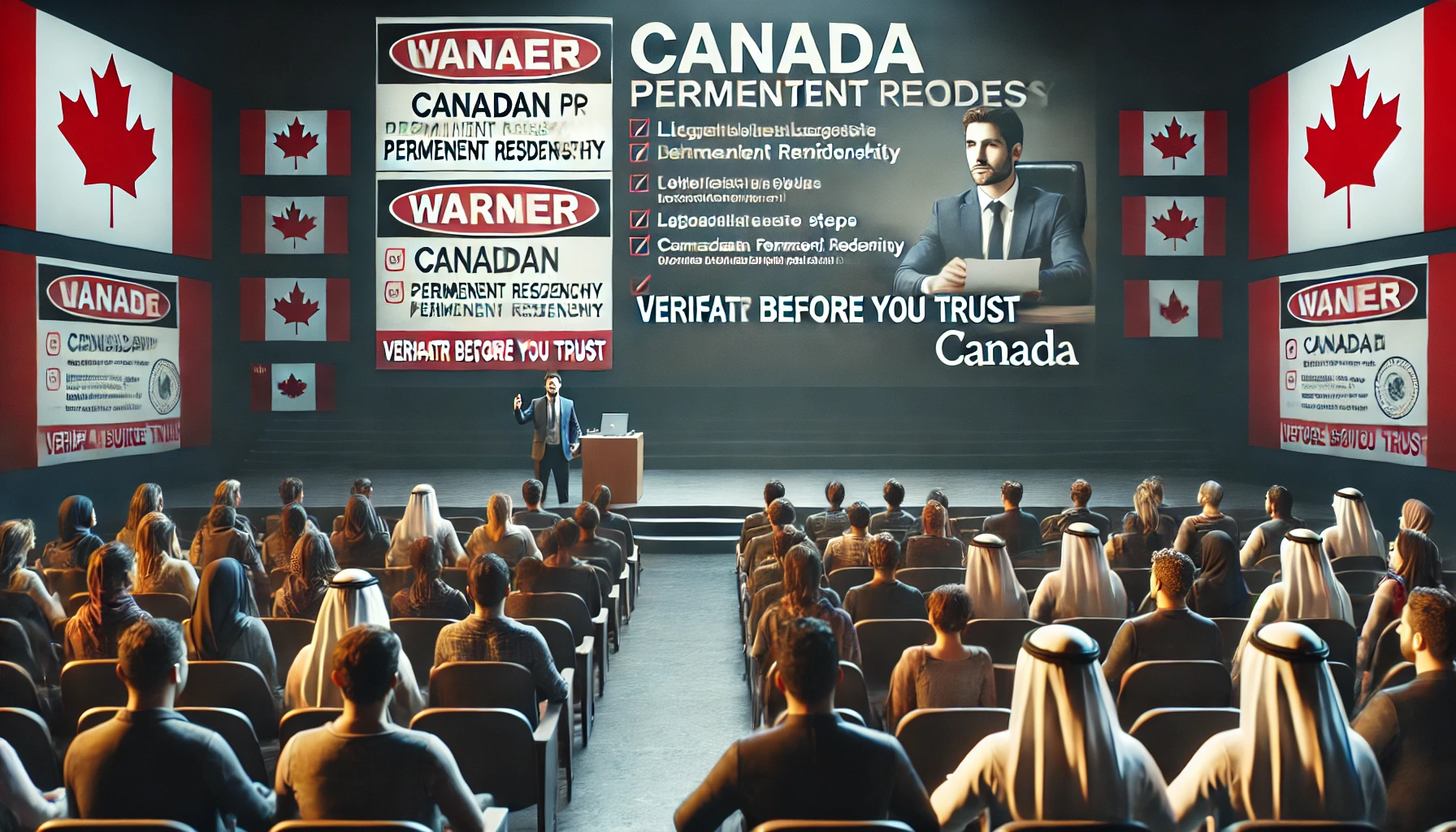 Understanding Canada’s Immigration Process - Avoiding Scams in the UAE An educational seminar in the UAE explaining Canada's immigration process, warning against fraudulent PR claims.