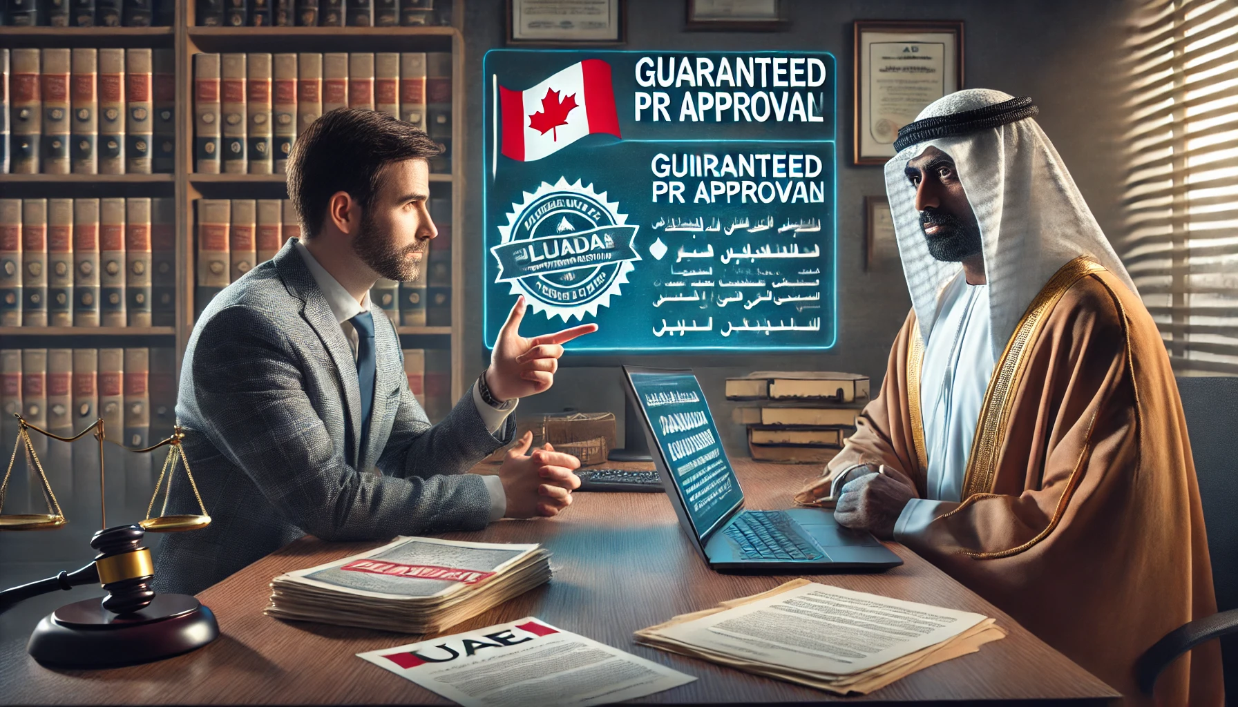 Can You Trust That Canadian PR Offer? A Legal Guide for UAE Residents A legal advisor in the UAE discusses a suspicious Canadian PR offer with a client holding a document.
