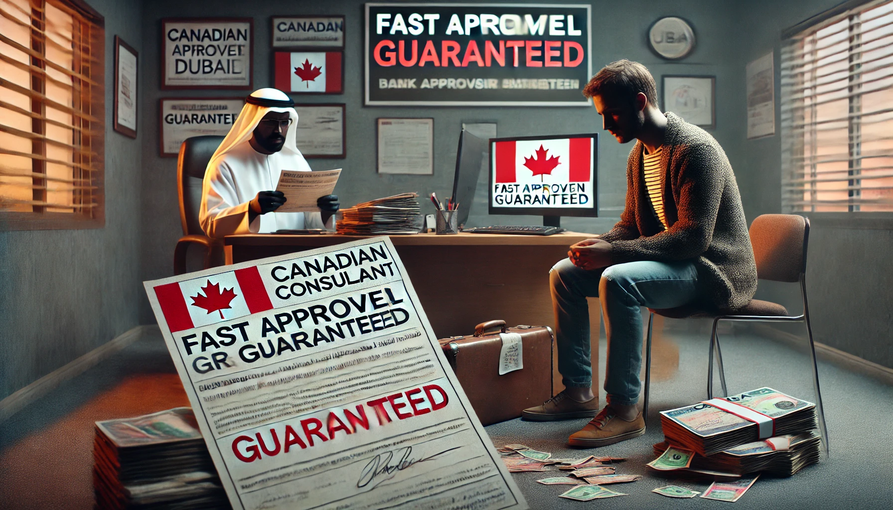 Immigration Scams in Dubai - The Dangers of Paying for Non-Existent Canadian PR A victim of an immigration scam in Dubai holding a fake Canadian PR document in a suspicious consultant's office.