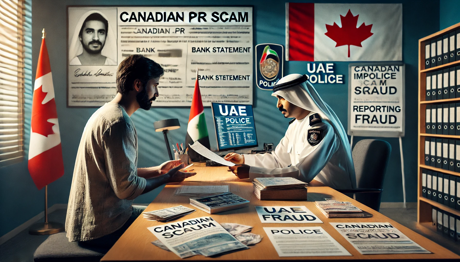 Reporting and Seeking Justice for Canadian PR Scams in the UAE A victim reports a Canadian PR scam at a UAE police station, handing fraudulent documents to an officer.