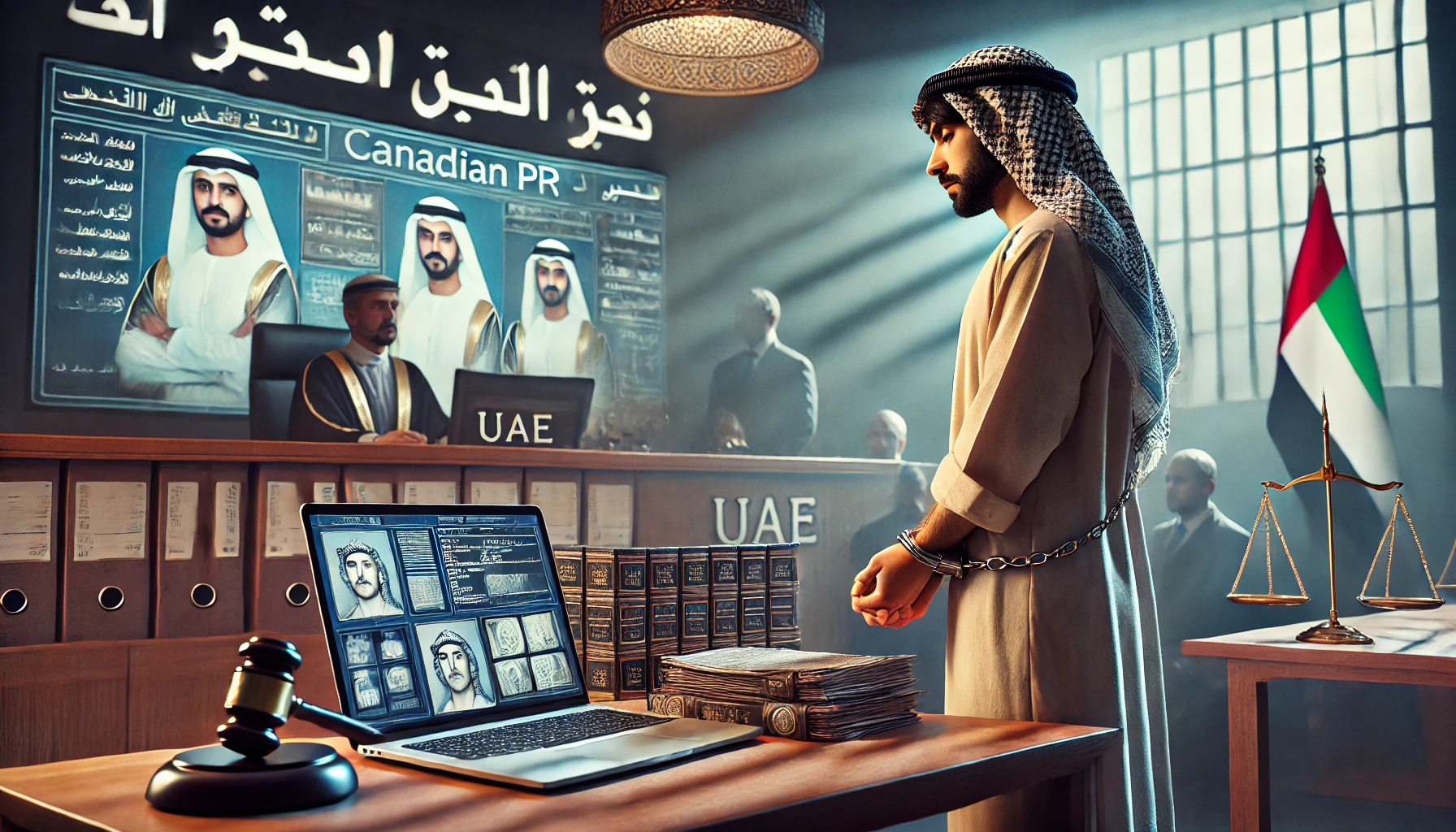 Legal Consequences for Scammers Promising Canadian PR in the UAE A UAE courtroom trial of a scammer with fake Canadian PR documents as evidence and the accused in handcuffs.