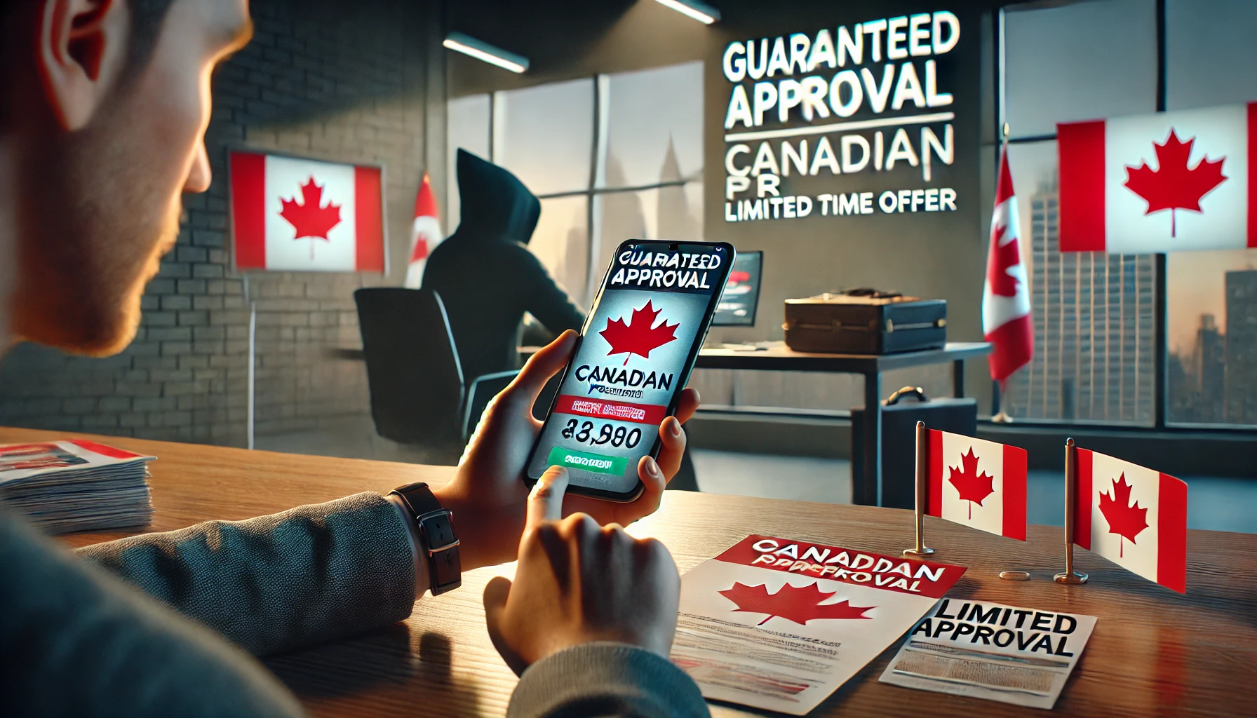 The Rise of Canadian PR Scams in the UAE - What You Need to Know A person in the UAE reviews a fraudulent Canadian PR offer on their phone, with brochures and scam symbols visible.