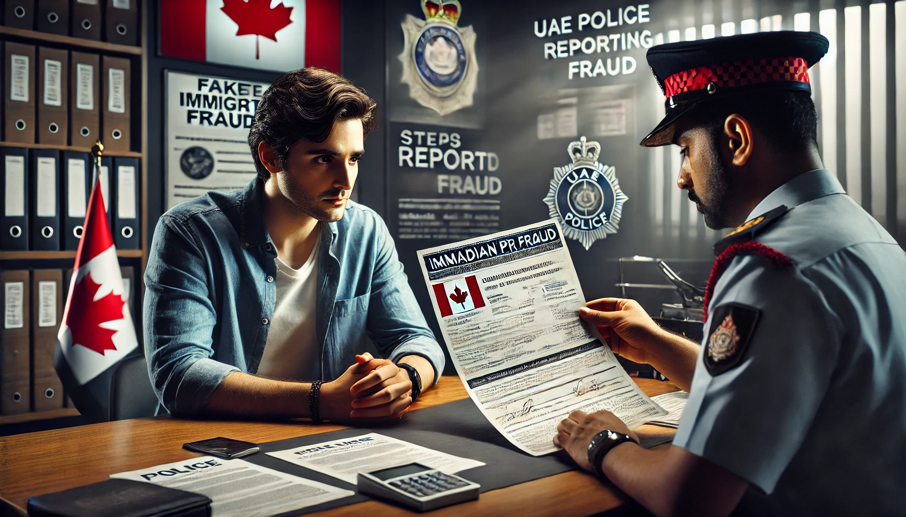 Immigration Fraud - What to Do If You’ve Been Scammed by a False Canadian PR Offer A victim of immigration fraud in the UAE hands fraudulent documents to a police officer in a formal station.