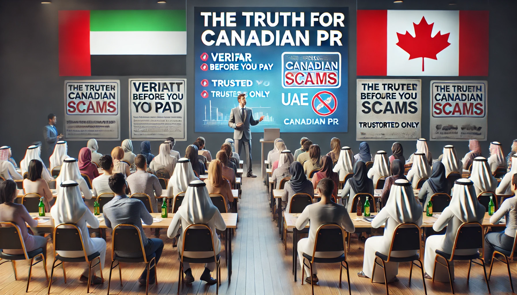 The Truth About Canadian PR - Avoiding Scams in the UAE Immigration Market An educational seminar in the UAE with a speaker presenting tips on avoiding Canadian PR scams to an attentive audience.