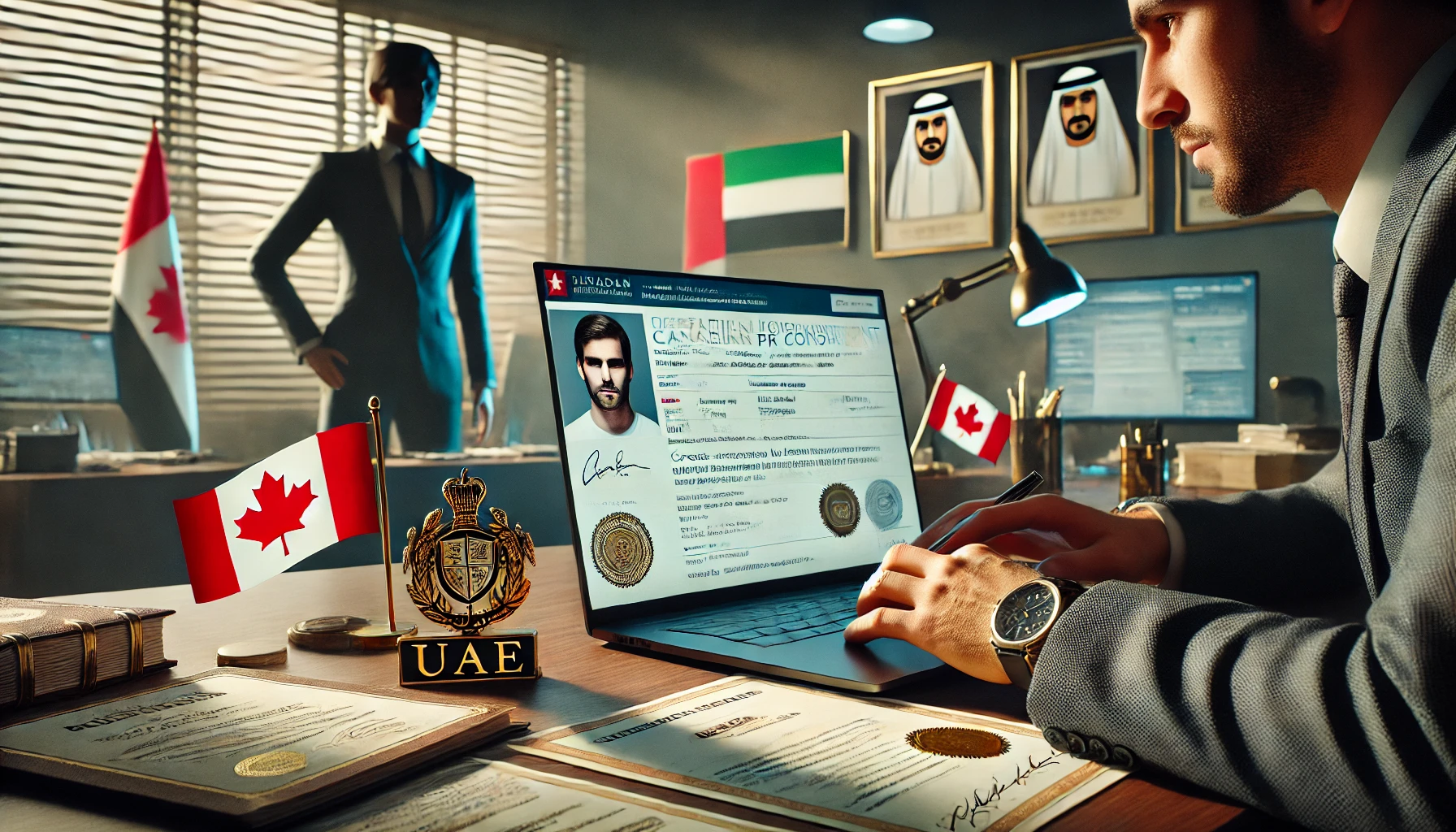How to Verify the Legitimacy of Canadian PR Consultants in the UAE A person verifies a Canadian PR consultant’s credentials on a laptop in a professional UAE office with flags visible.