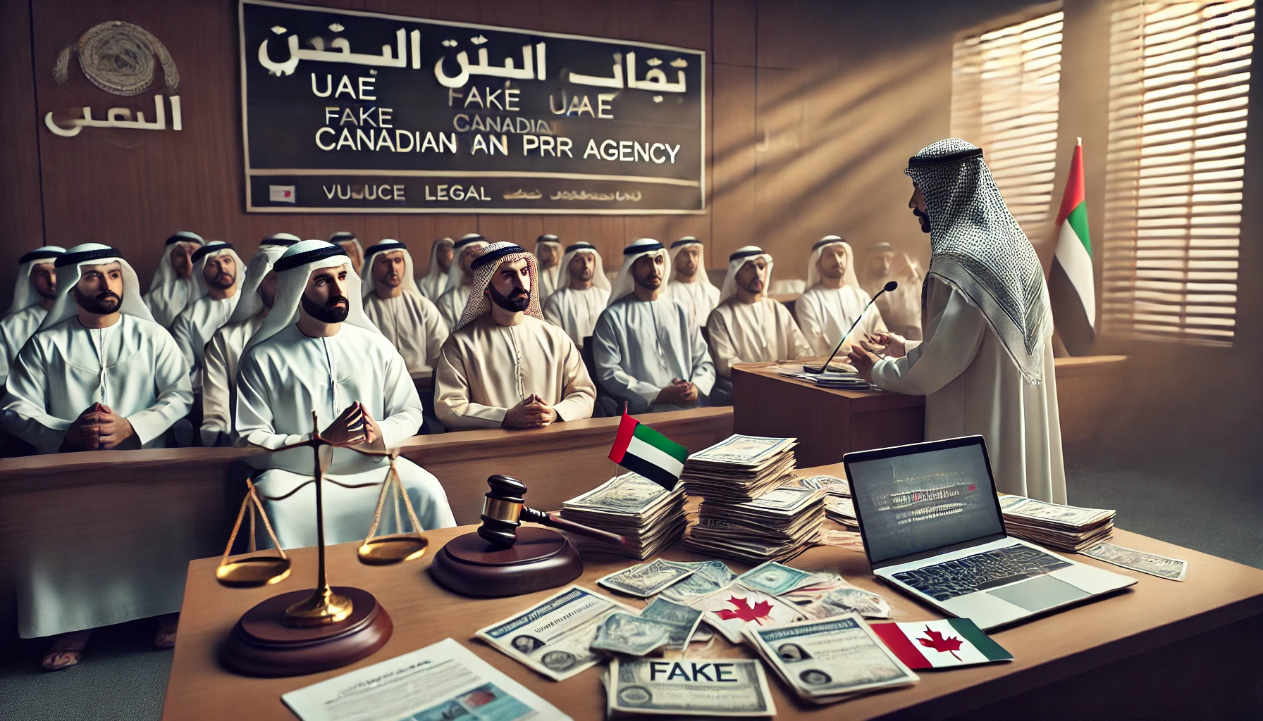 Legal Actions Against Fake Canadian PR Agencies in the UAE A UAE courtroom trial against a fake Canadian PR agency, with evidence and defendants in a formal setting.