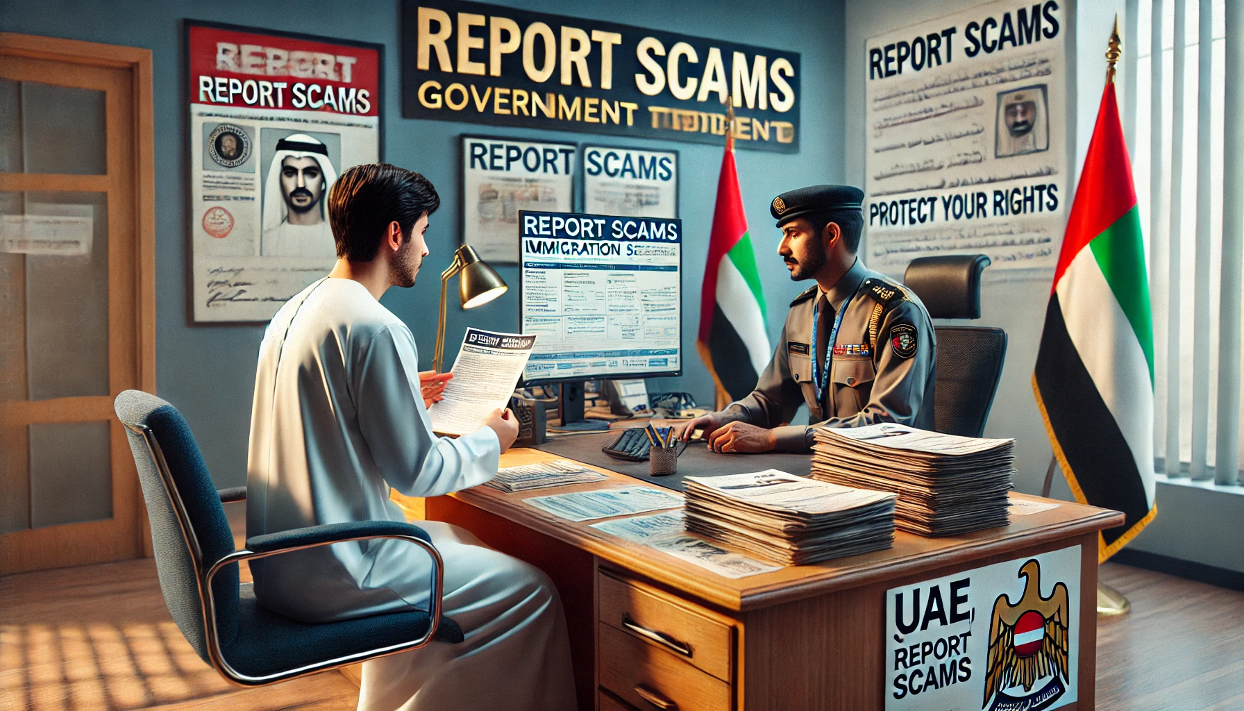 Reporting Immigration Scams in the UAE - A Step-by-Step Guide A UAE resident reports an immigration scam to a government officer with fraudulent documents and legal forms on the desk.