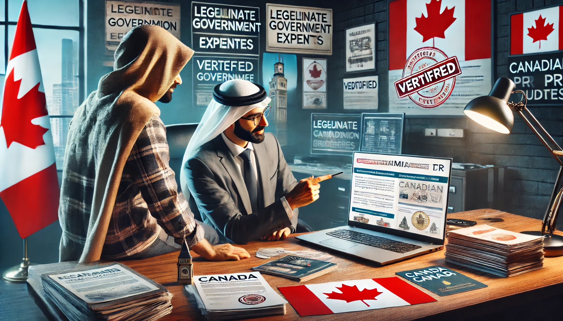 How UAE Residents Can Protect Themselves from Fraudulent Canadian PR Promises A UAE resident consults a verified immigration expert reviewing legitimate Canadian PR guidelines on a laptop.