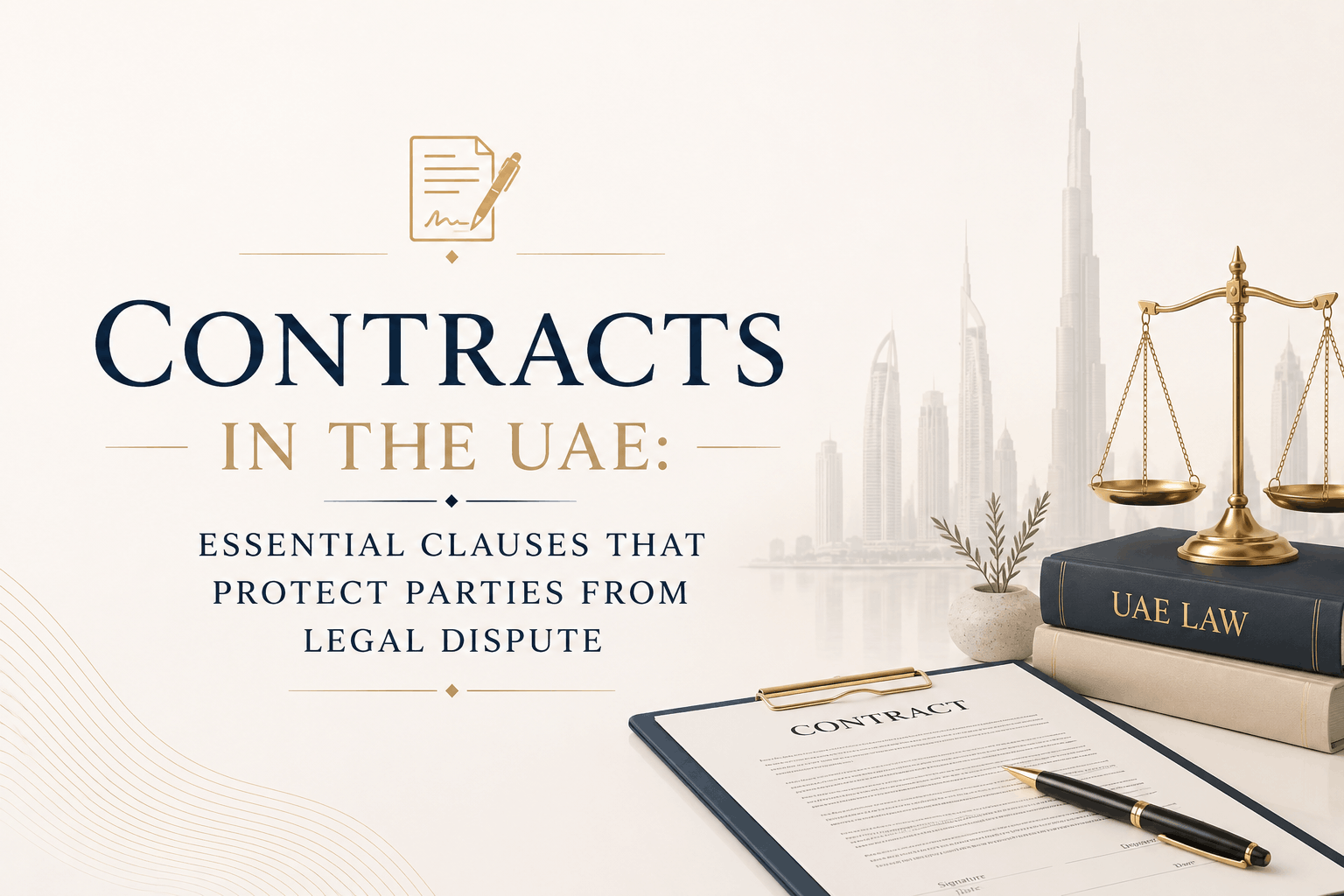 Elegant landscape poster for an article titled “Contracts in the UAE,” featuring a light cream background, navy and gold typography, a contract document, legal books, a pen, a small plant, and a faint Dubai skyline.