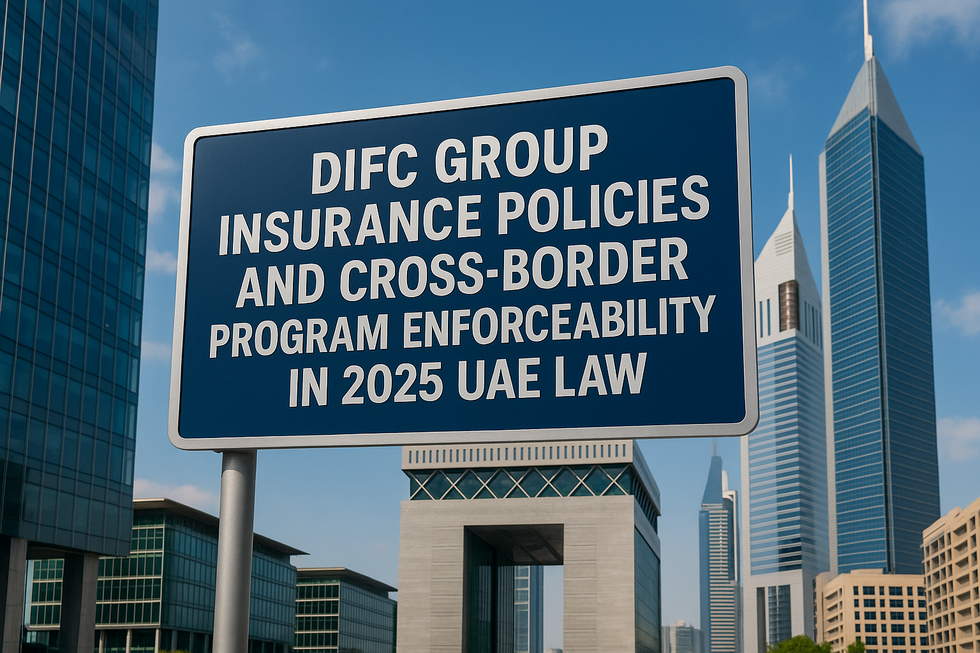 DIFC legal consultants reviewing cross-border insurance policy compliance in UAE office.