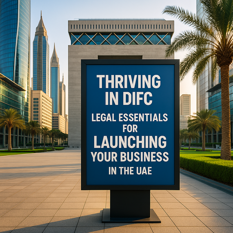 DIFC skyline with legal documents and compliance icons